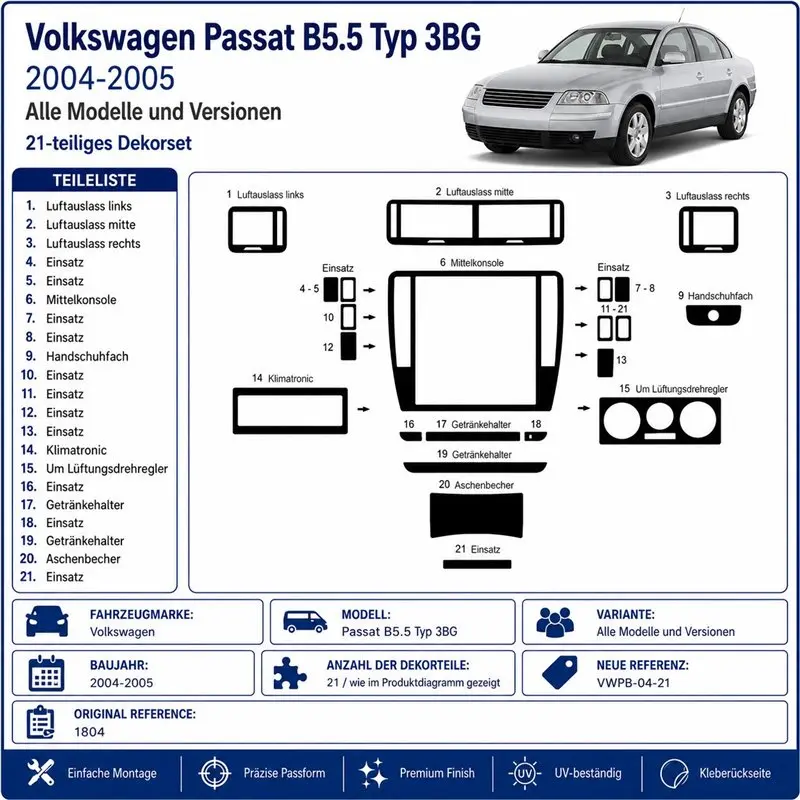 Volkswagen Passat B5.5 Typ 3BG 2004-2005 3D Armaturenbrett-Dekor-Set, 21 Teile
