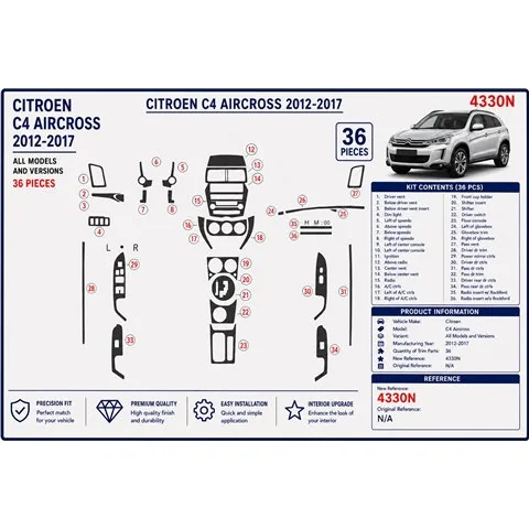 Citroën C4 Aircross 2012-2017 3D Armaturenbrett-Dekor-Set, 36 Teile