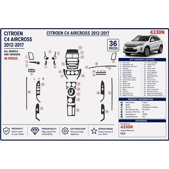 Citroën C4 Aircross 2012-2017 3D Armaturenbrett-Dekor-Set, 36 Teile