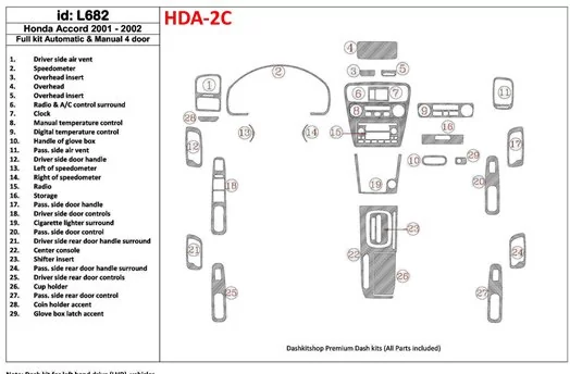 Honda Accord 2001-2002 4 Doors, Voll Satz, 29 Parts set BD innenausstattung armaturendekor cockpit dekor - 1- Cockpit Dekor Inne