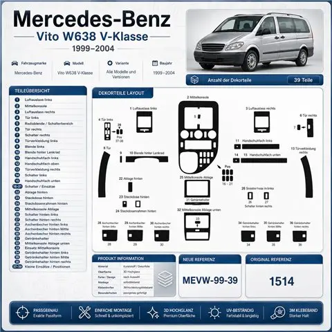 Mercedes Vito W638 V-Klasse 1999-2004 3D Armaturenbrett-Dekor-Set, 39 Teile 2