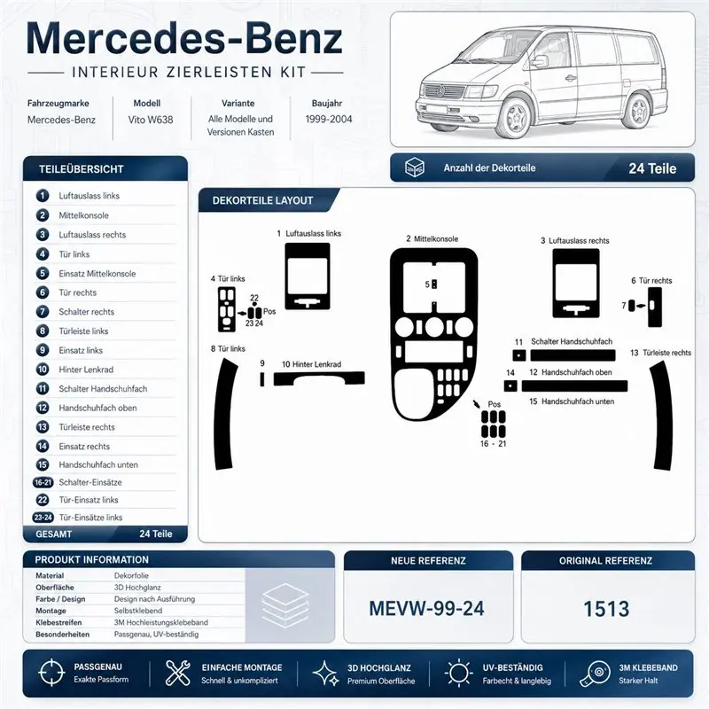 Mercedes Vito W638 1999-2004 3D Armaturenbrett-Dekor-Set, 24 Teile