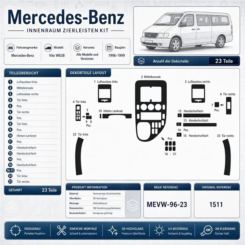 Mercedes Vito W638 1996-1999 3D Armaturenbrett-Dekor-Set, 23 Teile