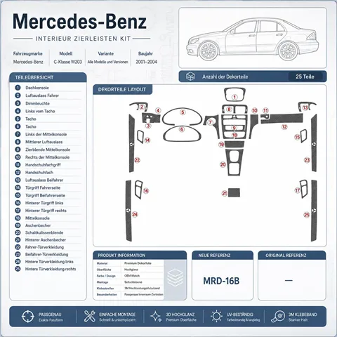 Mercedes Benz C Class 2001-2004 Komplettset, 4 Doors 3D Armaturenbrett-Dekor-Set