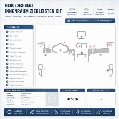 Mercedes Benz C Class 2001-2004 2 Türen, OEM-konform, ohne elektrische Sitze 3D Armaturenbrett-Dekor-Set