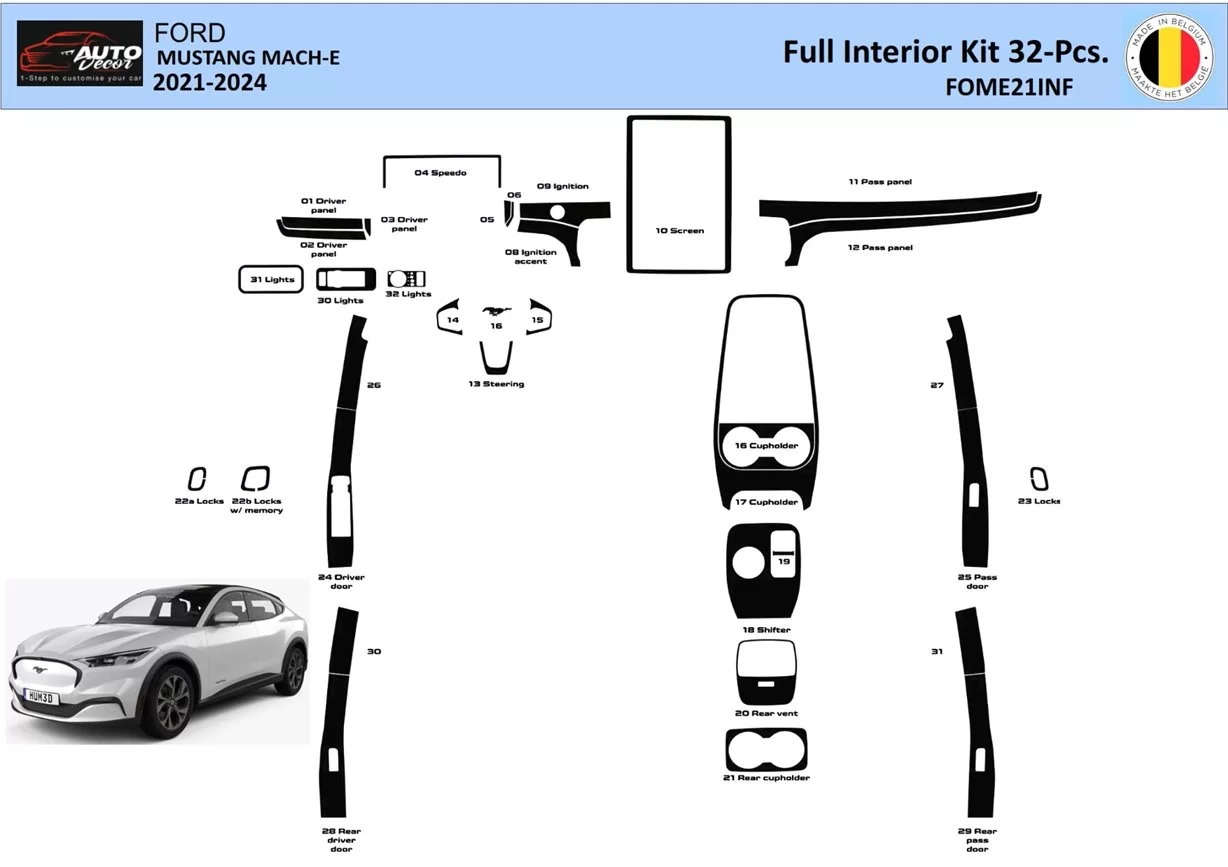 Ford Mustang Mach-E 2021-2024 Innenraum WHZ Armaturenbrettverkleidungssatz 32 Teile