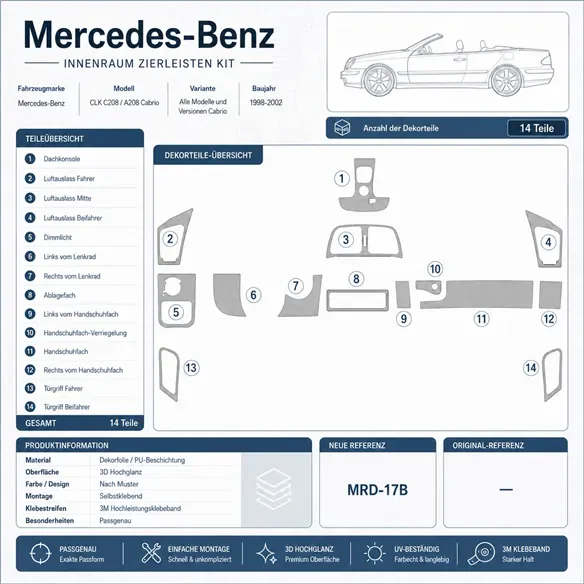 Mercedes Benz CLK 1998-2002 Komplettset, Faltverdeck Cabrio 3D Armaturenbrett-Dekor-Set