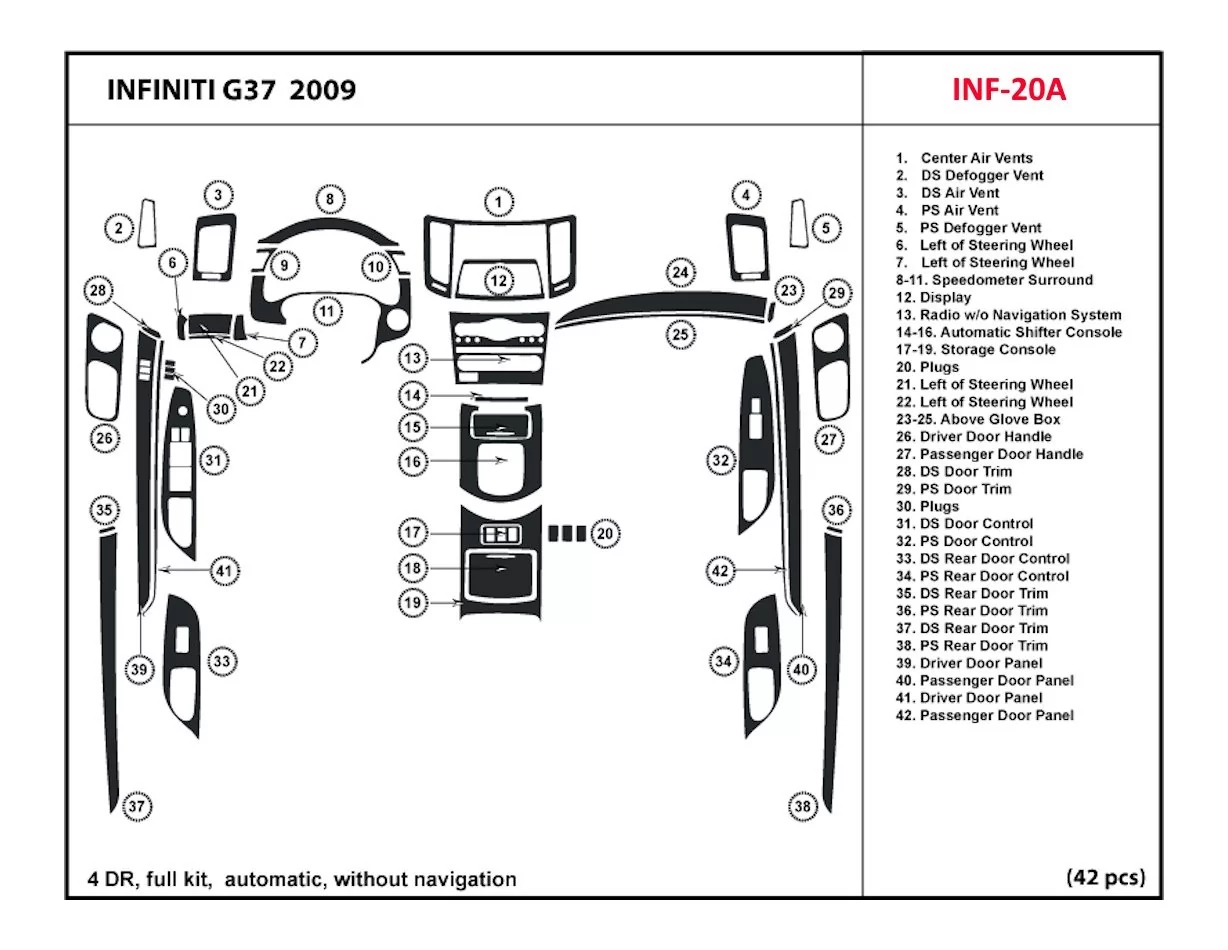 Infiniti G37 2007-2009 Voll Satz, Automatic Gear, Without NAVI BD innenausstattung armaturendekor cockpit dekor