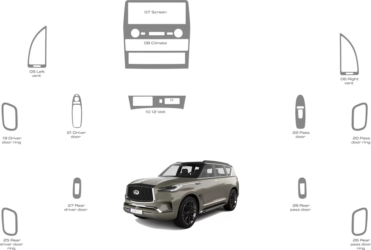 Infiniti QX80 2020-2024 Innenraum WHZ Armaturenbrettverkleidungssatz 15 Teile