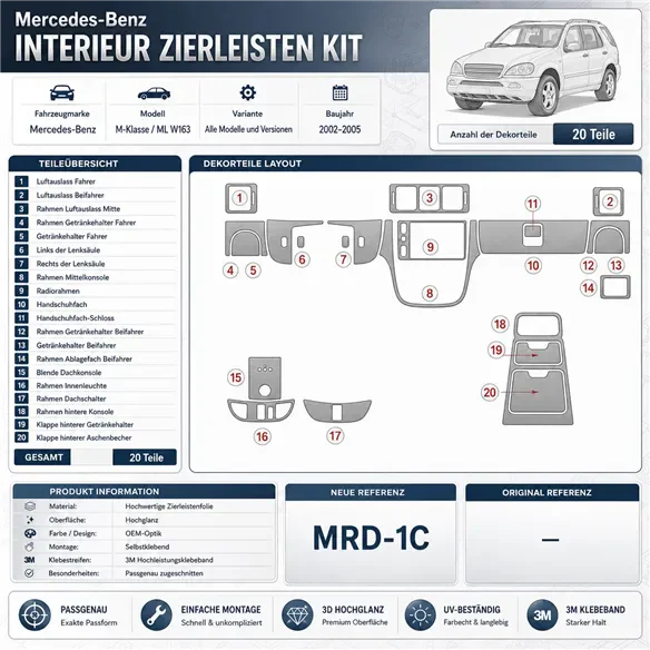 Mercedes Benz M Class 2002-2005 Komplettset, ML55 3D Armaturenbrett-Dekor-Set