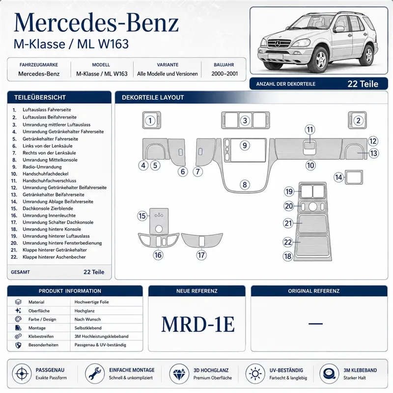 Mercedes Benz M Class 2000-2001 Doors Kit 3D Armaturenbrett-Dekor-Set