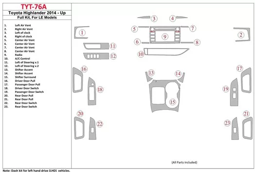 Toyota Highlander 2014-UP Voll Satz, fits LE Models BD innenausstattung armaturendekor cockpit dekor