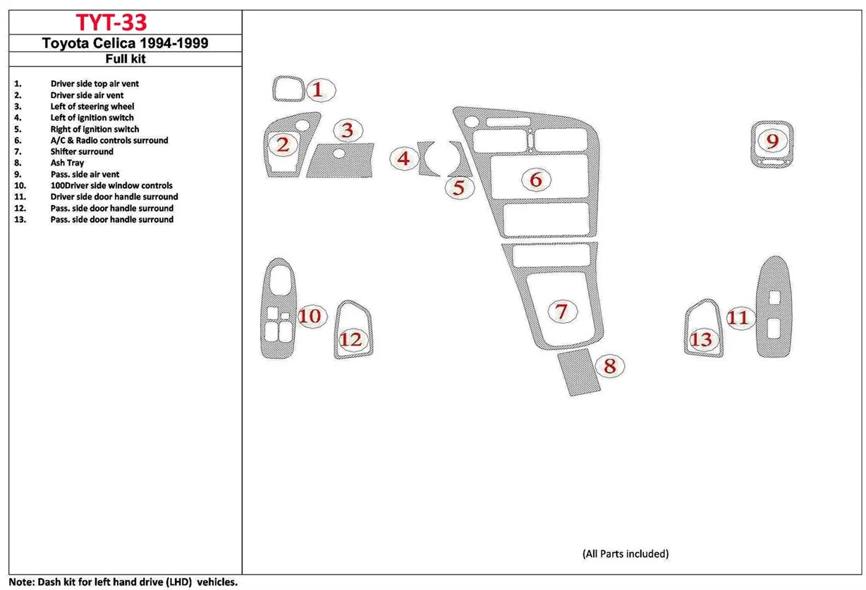 Toyota Celica 1994-1996 2 Doors, 13 Parts set BD innenausstattung armaturendekor cockpit dekor