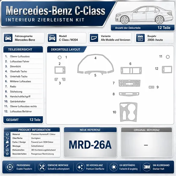 Mercedes Benz C Class 2008+ Komplettset 3D Armaturenbrett-Dekor-Set