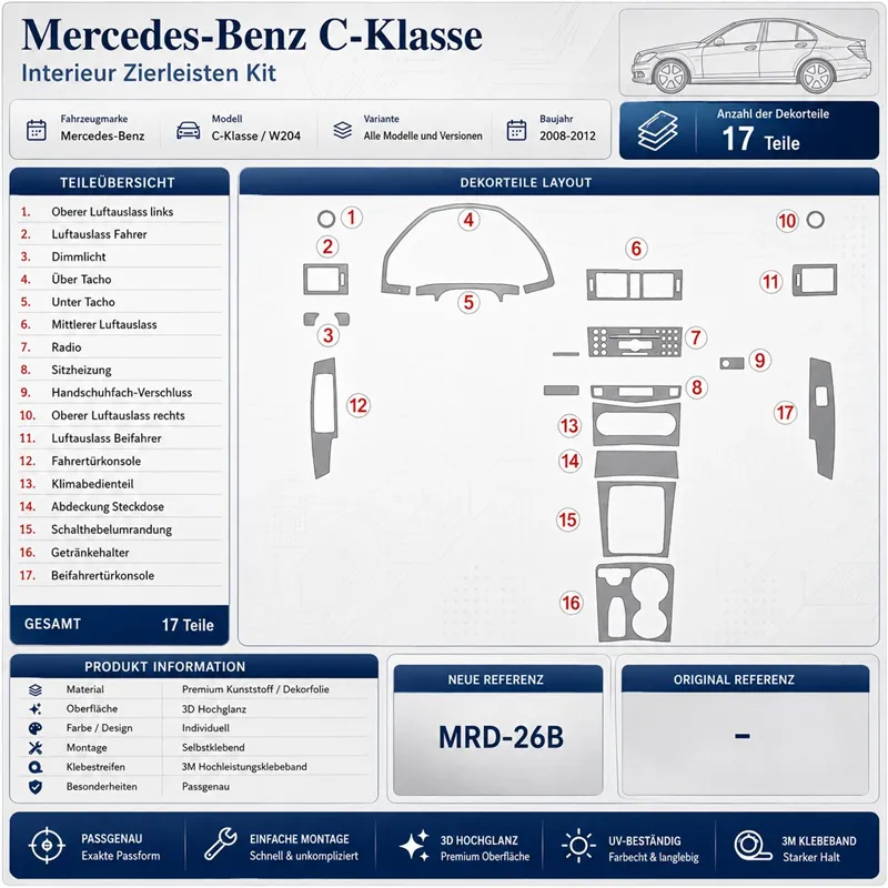Mercedes Benz C Class 2008+ Komplettset 3D Armaturenbrett-Dekor-Set