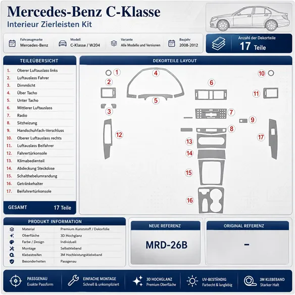 Mercedes Benz C Class 2008+ Komplettset 3D Armaturenbrett-Dekor-Set