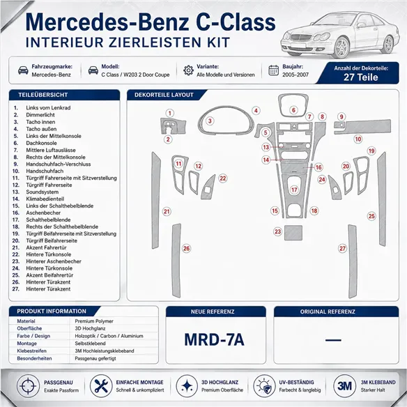 Mercedes Benz C Class 2005-2007 Komplettset, 2 Türen Coupe 3D Armaturenbrett-Dekor-Set
