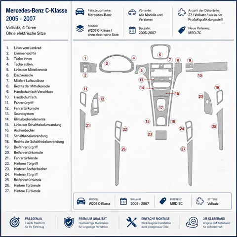 Mercedes Benz W203 C Class 2005-2007 Komplettset, 4-Türer Coupé, ohne elektrische Sitze 3D Armaturenbrett-Dekor-Set