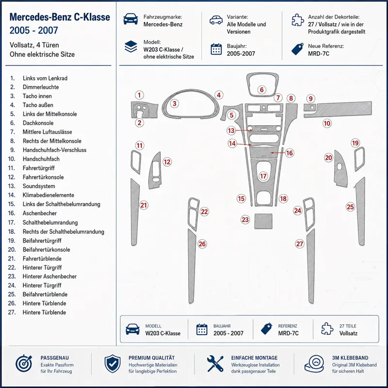 Mercedes Benz W203 C Class 2005-2007 Komplettset, 4-Türer Coupé, ohne elektrische Sitze 3D Armaturenbrett-Dekor-Set