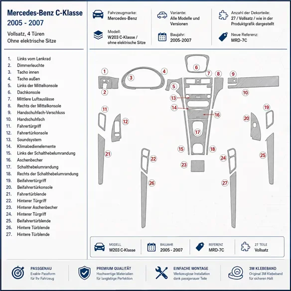 Mercedes Benz W203 C Class 2005-2007 Komplettset, 4-Türer Coupé, ohne elektrische Sitze 3D Armaturenbrett-Dekor-Set