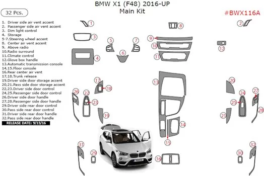 BMW X1 F48 ab 2015 3D Mittelkonsole Armaturendekor Cockpit Dekor 32-Teile BMW X1 F48 ab 2015 3D Mittelkonsole Armaturendekor Cockpit Dekor 32-Teile
