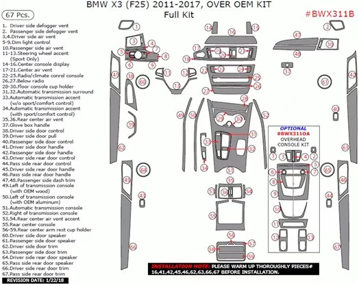 BMW X3 F25 2010–2017 Mittelkonsole Armaturendekor Cockpit Dekor 67-Teile BMW X3 F25 2010–2017 Mittelkonsole Armaturendekor Cockpit Dekor 67-Teile
