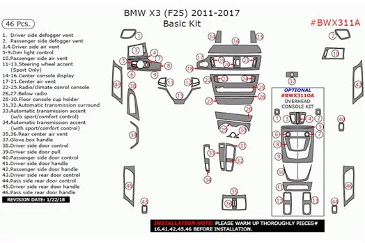 BMW X3 F25 2010–2017 3D Basic Interieurleisten Armaturenbrett Zierleiste Dekor 46-Teile BMW X3 F25 2010–2017 3D Basic Interieurleisten Armaturenbrett Zierleiste Dekor 46-Teile
