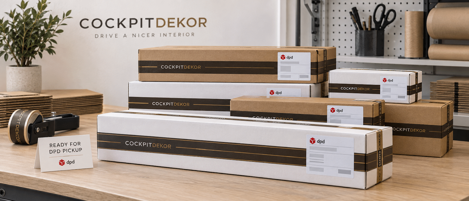 Illustration verpackter CockpitDekor Sendungen zur Abholung durch DPD