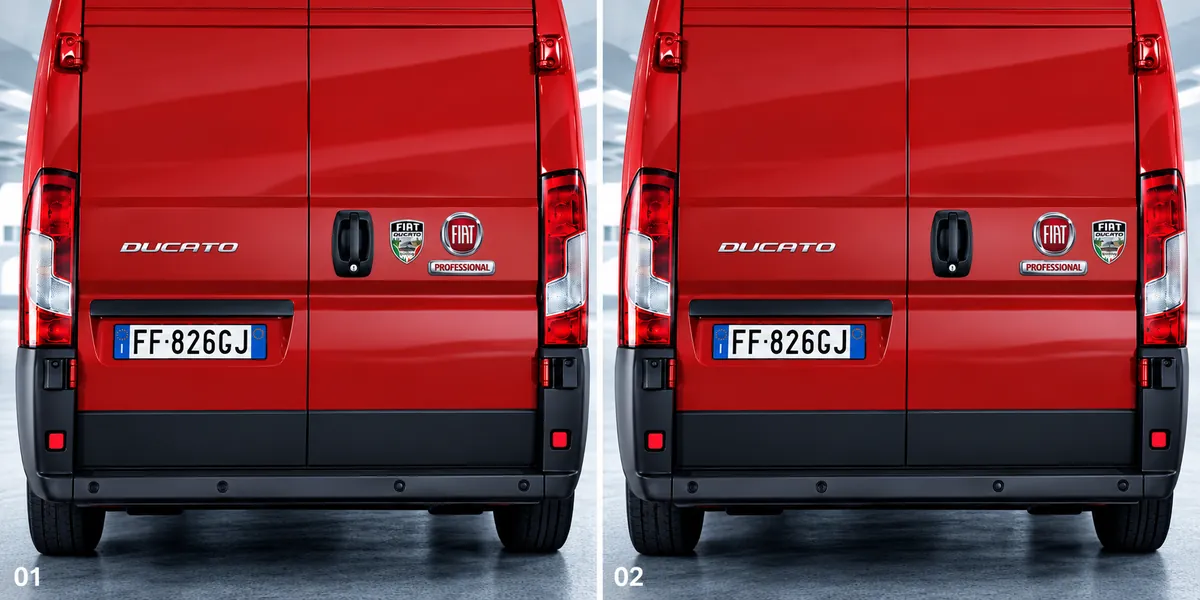 An den Hecktüren – neben dem Modell- oder Markenemblem, links oder rechts