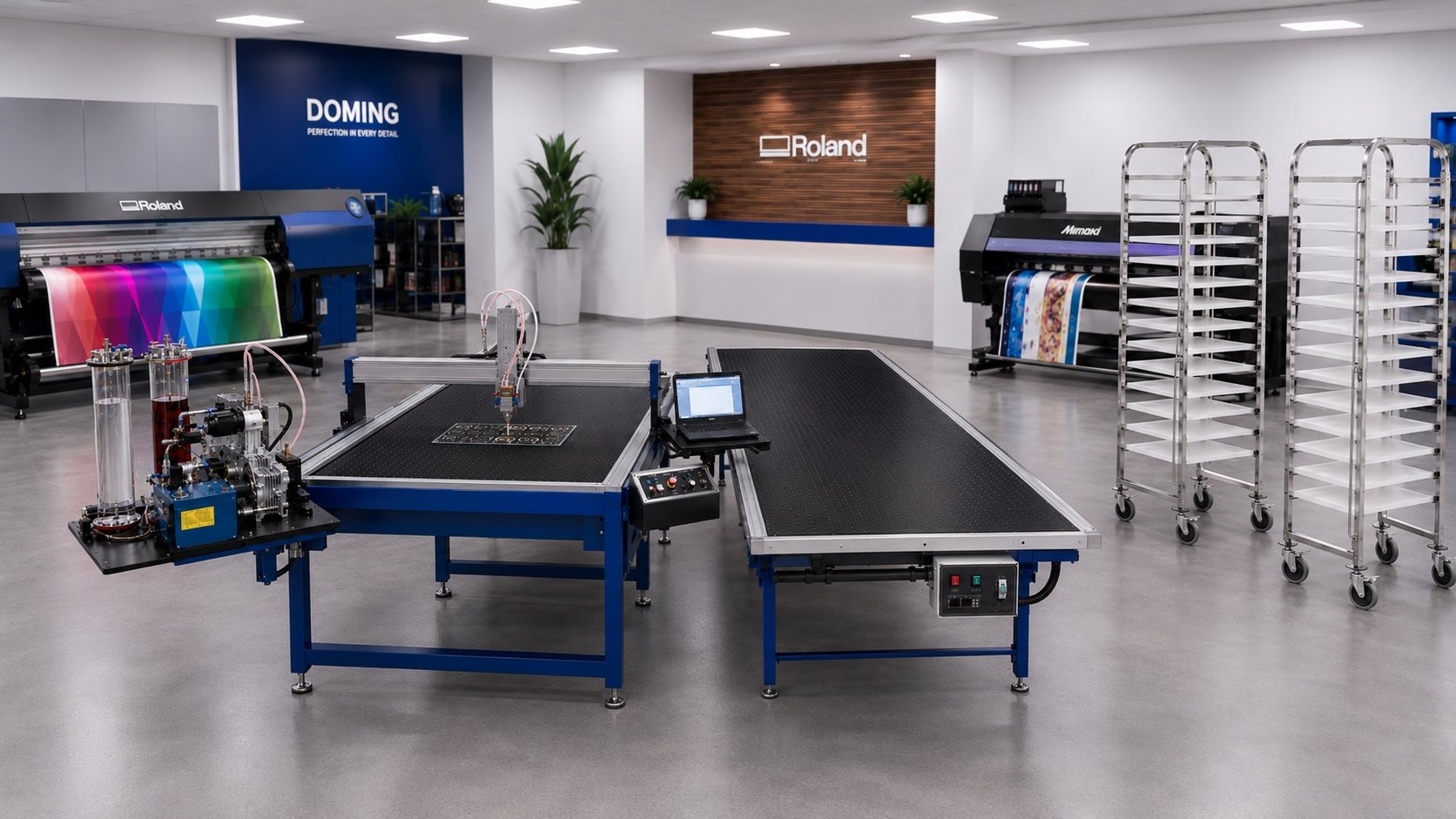 Doming-Produktionsraum mit CNC-Dispenser, Vakuumtisch, Aushärtewagen und Großformatdruckern